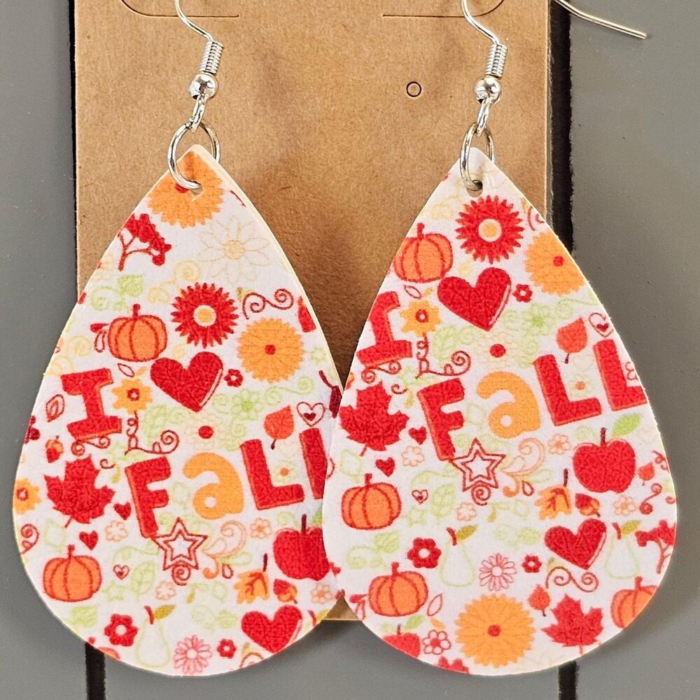 Fall Teardrop Dangle Earrings Autumn Pumpkin Heart Faux Leather New On Tag 2.5"